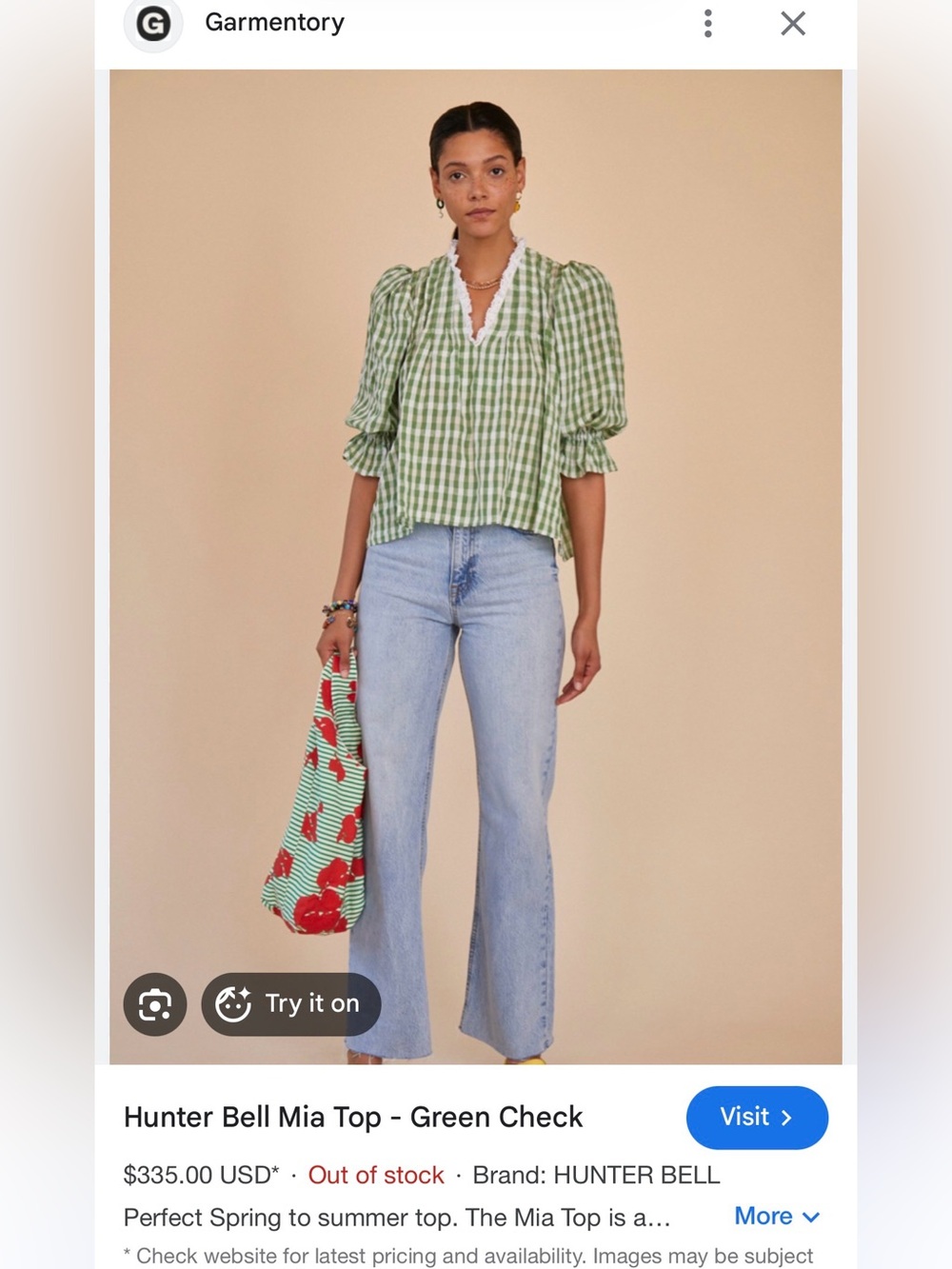 NWT Hunter Bell Mia Green and White Gingham Puff-Sleeve V-Neck Blouse - Picture 2 of 5